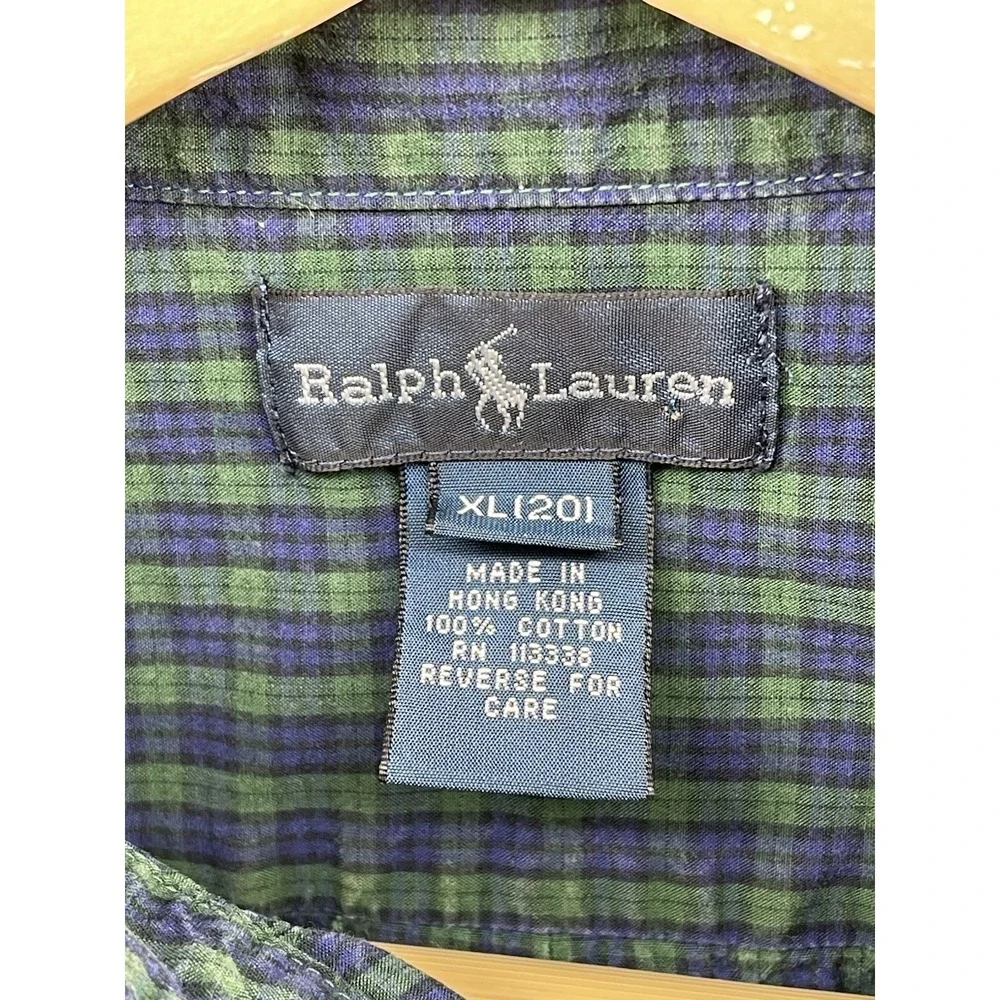 Ralph Lauren Boys XL 20 Green Blue Plaid Button Down Shirt 100% Cotton